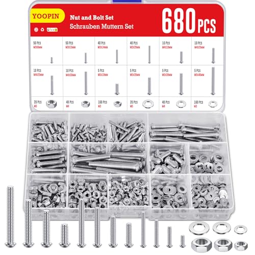 YOOPIN 680 Stück Schraube Muttern Set, M3/M4/M5 Linsenkopf Kreuzschlitz Schrauben Set, Kohlenstoffstahl Sortiment Schrauben, Muttern und Unterlegscheiben für Heimwerkerprojekte, Möbelmontage