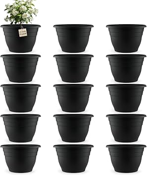 RooTrimmer 15 Pack 11 Inch Plant Pots with Drainage Holes,Black Plastic Flower Pots with Hanging Holes,Durable Planters for Indoor & Outdoor Plants,Nursery Pots