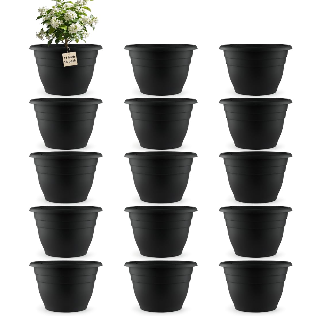 RooTrimmer 15 Pack 11 Inch Plant Pots with Drainage Holes,Black Plastic Flower Pots with Hanging Holes,Durable Planters for Indoor &amp; Outdoor Plants,Nursery Pots