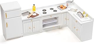 Keldoner Wooden Dollhouse Furniture 1 12 Scale - Doll House Furniture Toys for Dollhouse Kitchen Incl Cabinets & Refrigerator & Mixing Bowls & Cake Pans and Other Miniture House