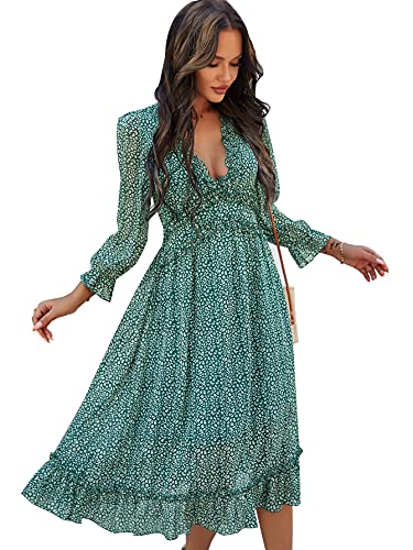 QANSI Womens Spring Casual Sexy Deep V Neck Ruffle Chiffon Lantern Long Sleeve Elegant Floral Printed Boho Hawaiian Flowy Mini Short Skirt Dresses for Women Green L QANSI Womens Spring Casual Sexy Deep V Neck Ruffle Chiffon Lantern Long Sleeve Elegant Floral Printed Boho Hawaiian Flowy Mini Short Skirt Dresses for Women Green L
