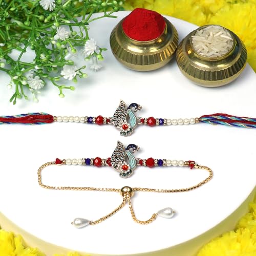 Image of Oblivion Rakhi Set for Brother and Bhabhi - Peacock with Feather Gift for Bhai & Lumba for Bhabhi with Silver Colour Coin and Greeting Card - Raksha Bandhan Combo
