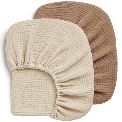 Image of Pro Goleem Muslin Crib Sheets, 100% Cotton Crib Sheets for Boy Girl, 2 Pack Breathable Soft Neutral Baby Bed Sheets Set, Fits Standard Crib Mattress & Toddler Mattress 52"x28", (Brown＆Beige)