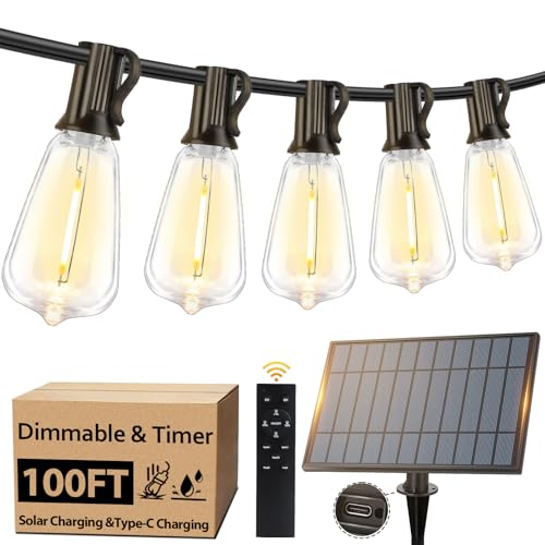100FT Outdoor Solar String Lights with Remote, USB Rechargeable LED Patio Lights with 52 Timer Dimmable ST38 Edison Bulb - Detailed View