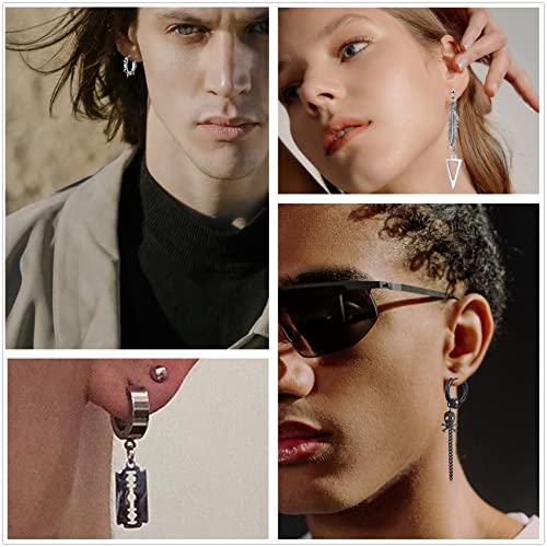 Honsny Black Dangle Mens Earrings, 24 Pcs Surgical Stainless Steel Punk Silver Cross Earrings For Men Women Huggie Hoop Long Chain Piercing Feather Stud Men Boys Earring Cool Black Earrings Set #TOP1