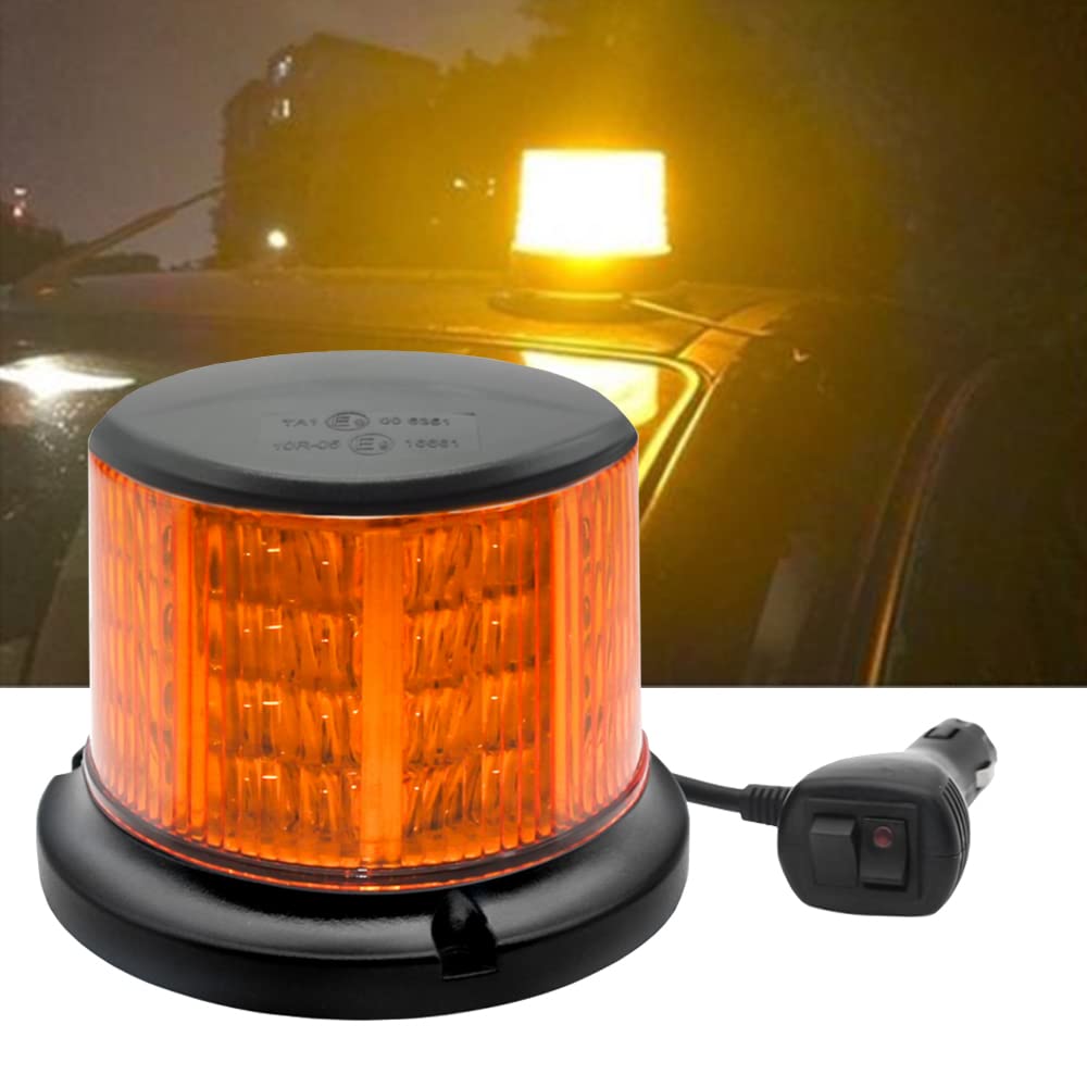 LED Emergency Strobe Light, Amber Safety Warning Flashing Light with Magnetic Base, 64 LEDs and 10 Flashing Modes, Beacon Light for Construction Vehicles Tow Truck Tractor Golf Cart Snow Plow (Magnet)