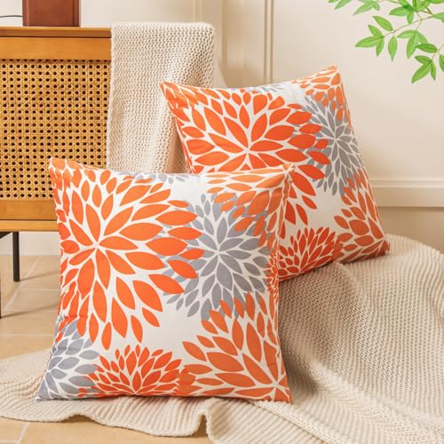 Juego de 2 Funda Cojines de Terciopelo para Sofa Suave 40x40 Gris Naranja Fundas de Almohada Decorativas Modernas Flores de Dalia Funda Cojin para Sala de Estar Dormitorio Habitacion