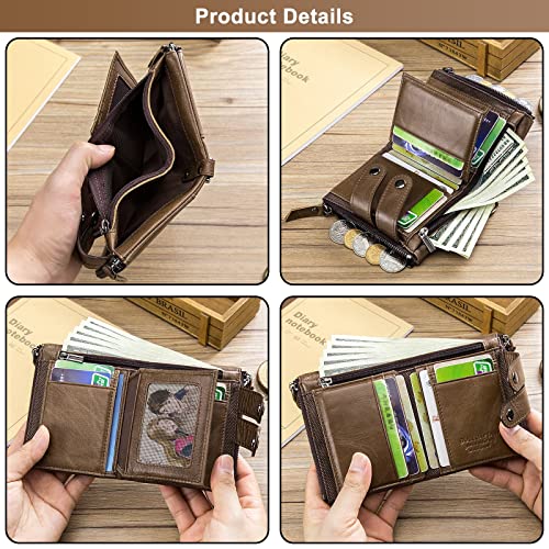 Mens Wallet with Anti-Theft Chain Genuine Leather Purse RFID Blocking Wallets Bifold Double Zipper Coin Pocket with ID Window4