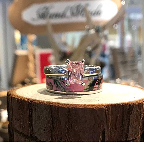 2 pc Pink Camo Ring Set - Pink Camo Band - Engagement Ring - Wedding Rings - Wedding Ring Sets - Bridal Sets - Promise Rings for Couples - Cubic Zirconia Wedding Sets3