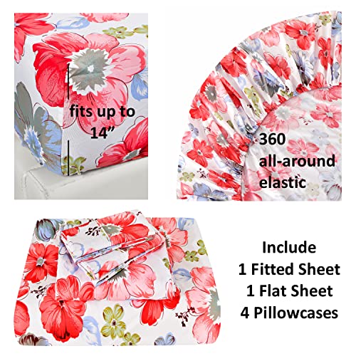 American Home Collection 6 Piece Print Bedding Sheets & Pillowcases Set Brushed Microfiber Wrinkle Free 14 Inches Deep Pocket Flowers Patterned Sheets (King, Red Floral) #TOP5