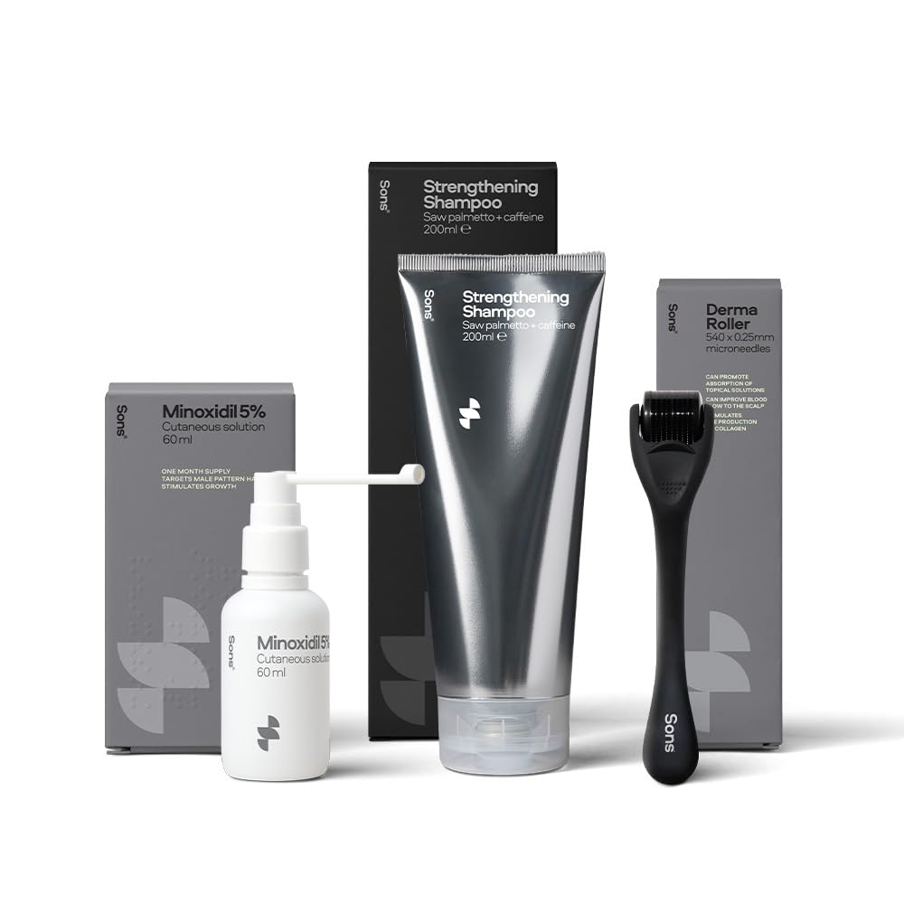 Minoxidil 5%, Strengthening Shampoo and Dermaroller for Men. Hair Regrowth Treatment. Hair Growth Shampoo With Caffeine. Thickening, Anti-Dandruff, DHT Blocker. 1 Month Supply. Made in Europe.
