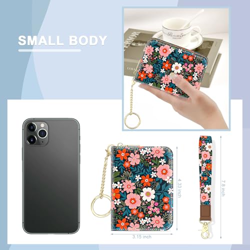 Image of Aiawoxc Credit Card Holder, Small RFID Wallet Slim Leather Card Organizer Case with Zipper and Wristlet Strap, Cute Flowers