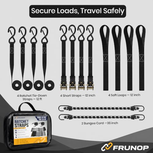 FRUNOP Ratchet Tie Down Straps 4 Pack, 12 ft, 2000 LB Break Strength, 700 LB Load Capacity, Heavy Duty Cargo Straps with Soft Loops, Bungee Cords & Storage Bag, Black by Frunop - Used condition - Image 2