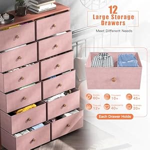 Enhomee dresser with 12 drawers tall dressers for girls bedroom with wood top metal frame chest of drawers for bedroom closets pink 119 d x 348 w x 522 h  urban country home decor