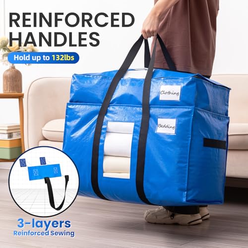 Image of TAILI 2 Tier Extra Large Moving Bags, 2 Pack Blue Heavy Duty Totes For Storage with Visible Window, Wrap Around Handles, Storage Bags for Space Saving, Alternative to Moving Boxes