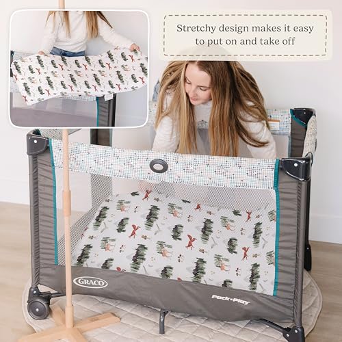 Image of Pack and Play Sheets Fitted, Mini Crib Sheets for Graco Pack N Play Playard (38x26), Ultra Soft Organic Cotton Blend, Safe & Snug Playpen Mattress Sheet for Baby Boys & Girls - Starry Woodland, 2-Pack