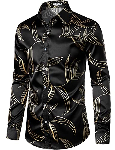 Image of ZEROYAA Men's Luxury Printed Silk Like Satin Button Down Dress Shirt for Party Prom