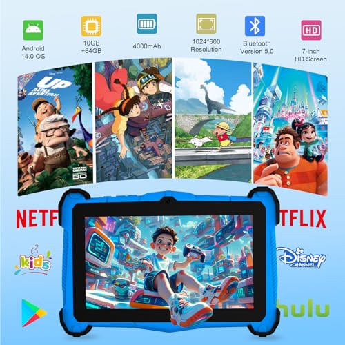 Image of 7 Inch Kids Tablet with Shockproof Case, Android 14 Educational Learning for Toddlers 3-10, 10GB RAM + 64GB ROM, Dual Camera, WiFi, Bluetooth