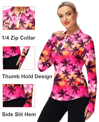 AOBUTE Women's Long Sleeve Golf Shirts Zip Polo Tennis Top with Thumb Hole2