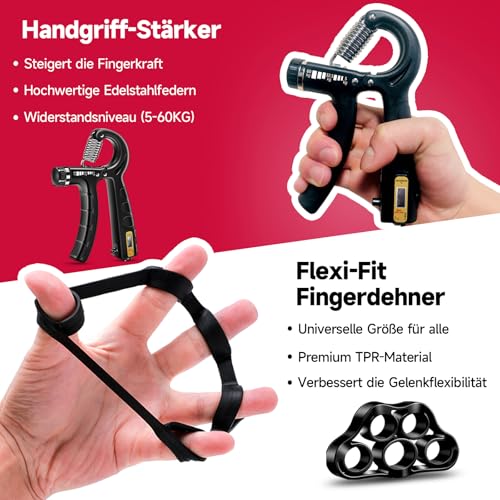 FitBeast Handtrainer Trainingsset (5-teilig), 2 Unterarmgriff Einstellbare Widerstand Handgreifer, Fingerdehner, Griffball & Stressabbau-Griffball für Athleten