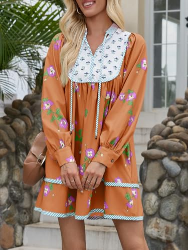 Image of Wenrine Womens Casual Floral Mini Dress Fall Long Sleeve V Neck Patchwork Loose Boho Shirt Dresses