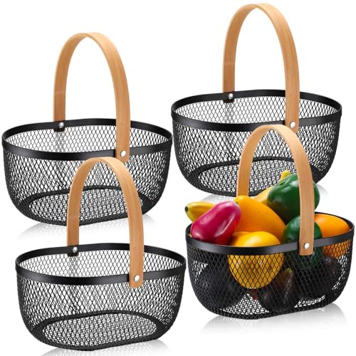 Maxcheck 4 Pcs Oval Metal Wire Baskets with Handles for Kitchen, Black