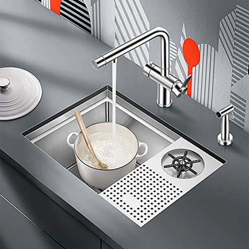 Fregadero compacto de acero inoxidable con enjuague automático de vidrio de 21 pulgadas, fregadero de bar para cafetería y hogar, drenaje eficiente de espacio pequeño, fácil de limpiar