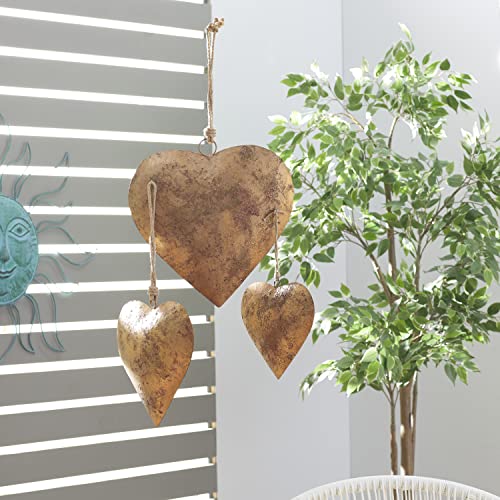 Deco 79 Metal Heart Decorative Bell With Hanging Rope, Set Of 3 20", 17", 12"H, Gold #TOP1