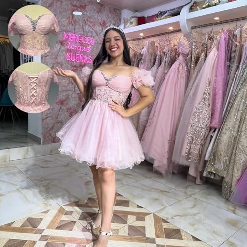 Youjiayi Off Shoulder Homecoming Dresses for Teens Sparkly Lace Tulle DAMA Dress for Quinceanera Beaded Short Prom Gown3