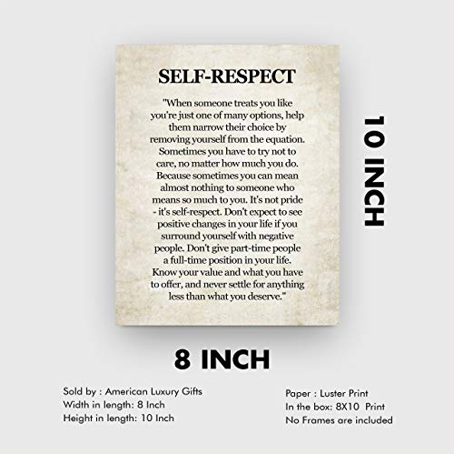 "Self-Respect-Know Your Value" Inspirational Quotes Wall Art Sign -8 x 10" Distressed Poster Print-Ready to Frame. Motivational Home-Office-School-Dorm Decor. Great Reminder to Inspire Self-Worth!