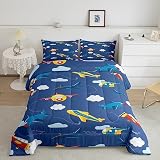 Feelyou Aircraft Comforter Twin Size Airplane Comforter Set for Boys Girls Children Cartoon Flight Bedding Set Room Decor Helicopter Flying Plane Blue Yellow Duvet Set 2Pcs with 1 Pillow Case