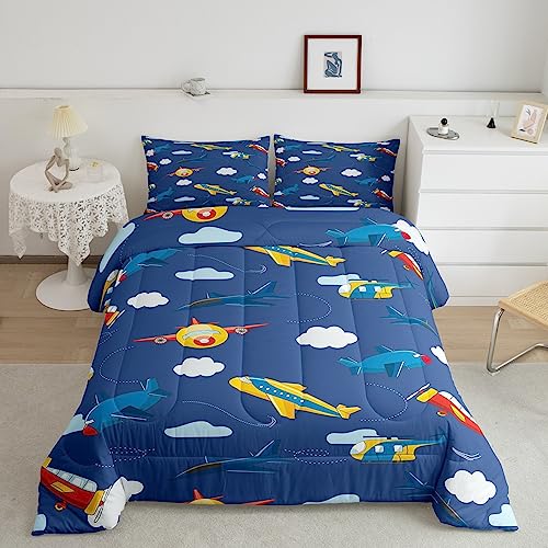 Feelyou Aircraft Comforter Twin Size Airplane Comforter Set for Boys Girls Children Cartoon Flight Bedding Set Room Decor Helicopter Flying Plane Blue Yellow Duvet Set 2Pcs with 1 Pillow Case