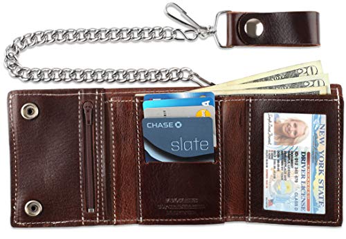 Image of RFID Blocking Men's Tri-fold Vintage Biker Cowhide Leather Steel Chain Wallet,Snap closure, Made In USA,cp315,brown