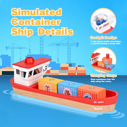 Vanplay Kran Spielzeug Baustellenfahrzeuge Kinder - Holz Baustelle Spielzeug ab 3 Jahre Junge mit Schiff, LKW Kranwagen Muldenkipper Anhänger & Gabelstapler Geschenk 3 4 5 Jahre Junge