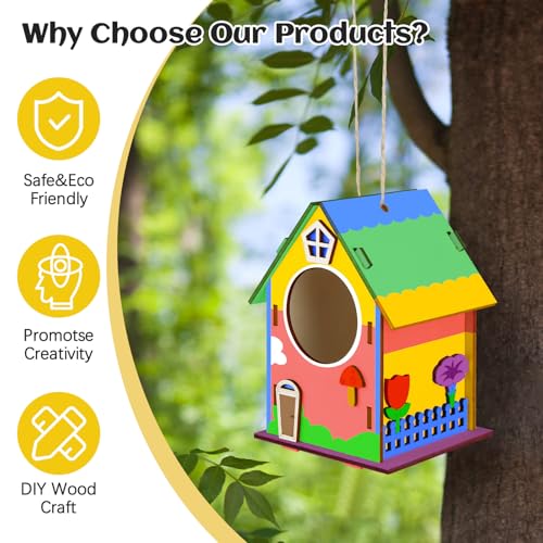 Kayqbonke 4 Stück Vogelhaus Bausatz für Kinder, DIY Holz Vogelhaus zum Bemalen Mit Farbform, Bastelset für Mädchen Jungen Kleinkinder