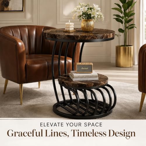 Image of Modern Double-Top Coffee Table with Rustic Farmhouse Accent, Multipurpose Living Room Bedroom, Two-Tier Small Sofa Side Bedside Table with Metal Frame Nightstand (Black Brown Mg)