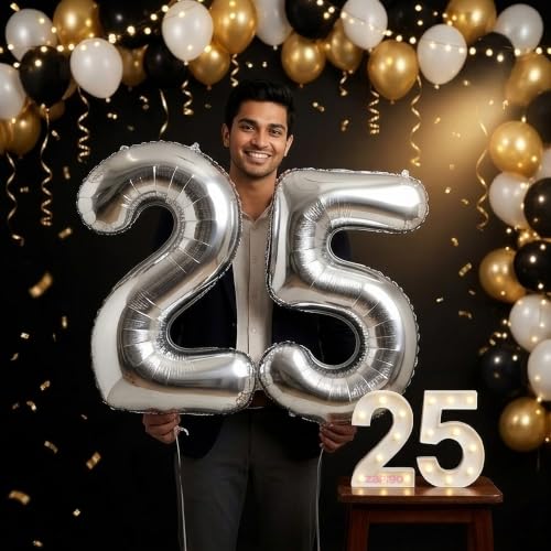 Image of Balloonistics Silver 40-Inch Foil Number 25 Balloon with Matching LED Marquee Light - Combo Set for 25th Birthday, Anniversary, Party Decoration, Photo Booth Backdrop, Cake Table Decor