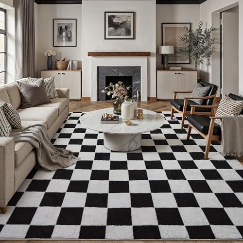 PureCozy Alfombra Salon 200x300cm Negro Blanco Alfombras de Habitacion Antideslizante Lavables Lavadora Pelo Corto Carpet Salón Dormitorio Comedor Grande Tapete Moderno Cuadros Rug
