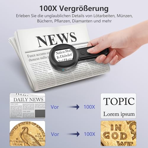 Digitales Lupe mit LED-Licht, Digitale Handlupe mit 1.7 IPS-Bildschirm, Handmikroskop mit Licht, Leselupe, Windows-kompatibel, Mikroskop mit 32 GB TF-Karte für Erwachsene & Kinder