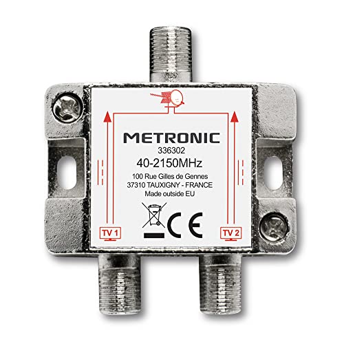Metronic 336302 - Distribuidor de TV, Divisor coaxial, DVB-T2 y satélite, Divisor Antena TV, blindado, metálico 1 Entrada - 2 Salidas F