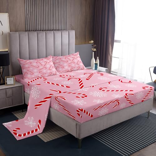 Erosebridal Xmas Candy Cane Full Sheet Set,Merry Christmas Bed Sheets Set for Kids Boys Girls,White Snowflake Flat Fitted Sheet Pink Christmas Ornaments Sheets