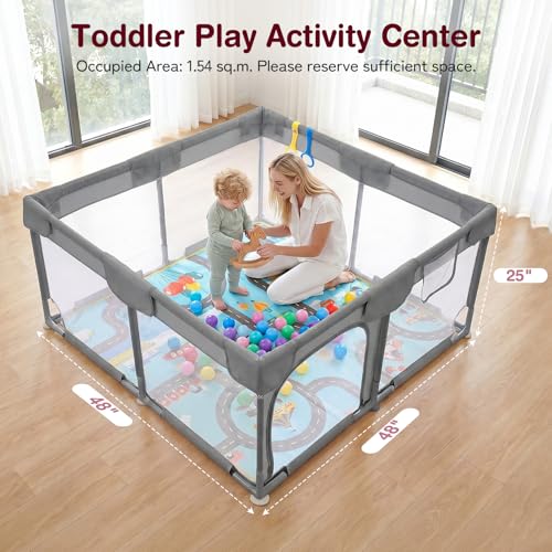 Image of Kidirect Baby Playpen 47x47 - Small Playpen for Babies & Toddlers, Activity Center, Indoor Outdoor, Grey