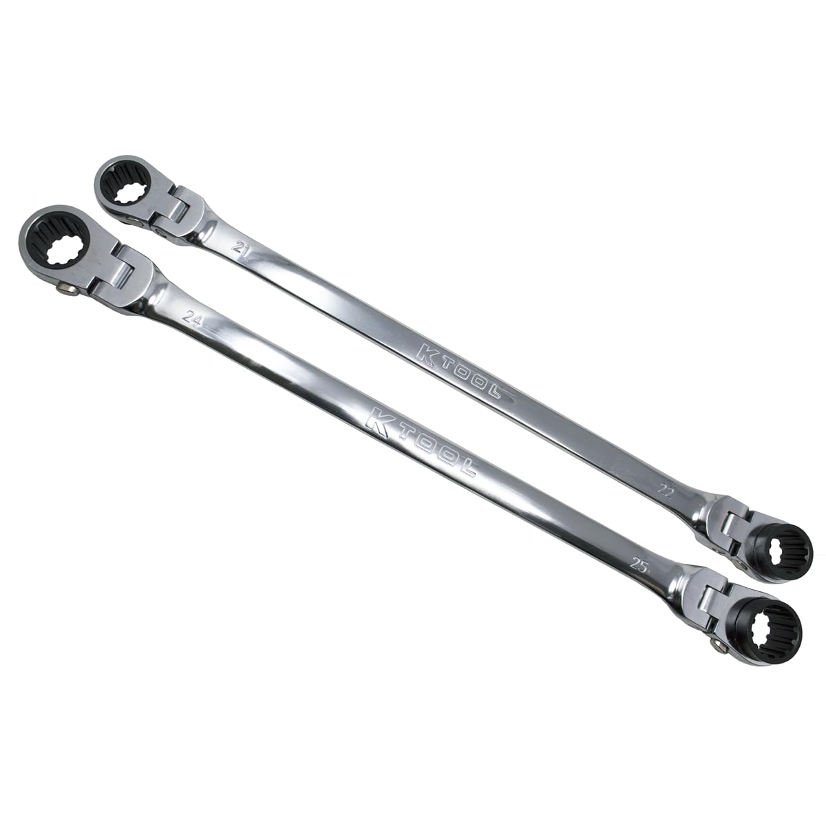K Tool International XDDBM4 2 Piece Metric Reversible Double Box Ratcheting Wrench Set for Garages, Repair Shops, DIY, Universal Spline, 90 Tooth, 180 Degree Flex Head, Raised Box, 21, 22, 24, 25MM