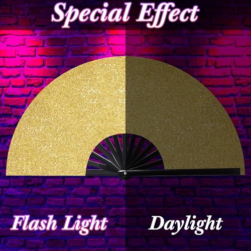 Image of Vercraft 13'' Large Rave Fan for Women Rave Accessories Festival Outfits Glitter Hand Folding Clack Fan for Line Dancing EDM Music Festival Outfits(Gold)