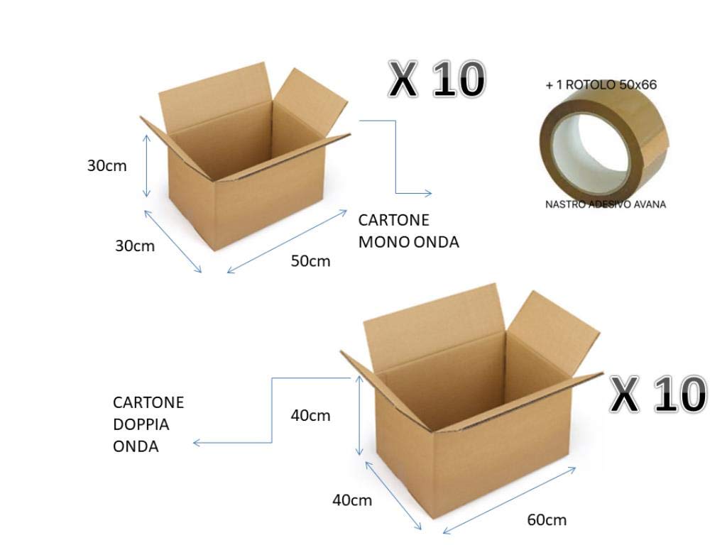 Kit E-commerce et déménagement : 10 grandes boîtes en carton robustes 60 x 40 x 40 cm + 10 boîtes en carton moyen 50 x 30 x 30 cm avec 1 ruban adhésif Havane