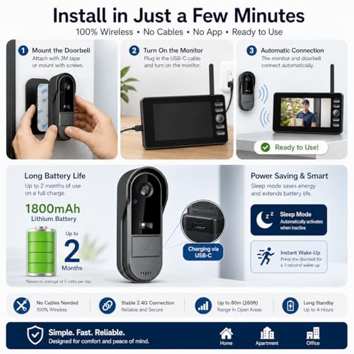 TKMARS Kabellose Türklingel Kamera mit 4,3-Zoll-Innenbildschirm, wasserdicht, Dual-Audio und -Aufnahme, Video-Gegensprechanlage ohne WLAN/App, Video-Türsprechanlage für Zuhause