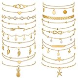 Hicarer 16 Pcs Ankle Bracelets for Women 14k Boho Gold & Silver Alloy Plated Waterproof Link Chains Beach Adjustable Jewelry(Gold)