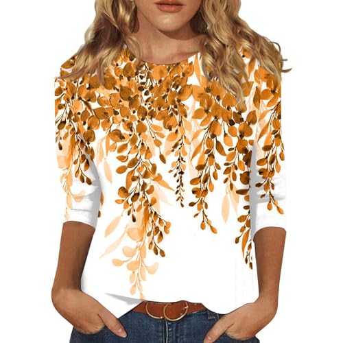 Generic 3/4 Sleeve Casual Summer Tunic Tops for Women 2024 Trendy Crew Neck Cotton Shirt Floral Print Loose Fit Clothing Graphic Tee Orange Blouses for Women Womens Tshirts Cotton Loose fit Graphic