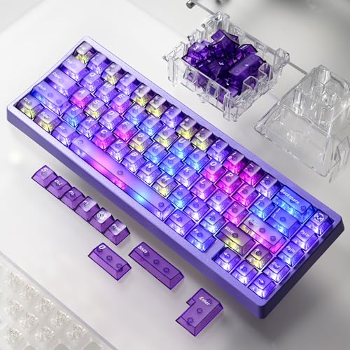 Image of HITIME XVX Purple Clear Keycaps,Transparent Keycaps 60 75 100 Percent,Ceramic Keycap Style, Shine Through Keycap, Cherry Profile Keyboard Key Cap Set for Mx Switches Mechanical Keyboard, 119 Keys