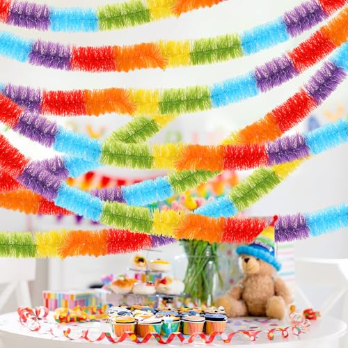 Knitgrip 32.81 Feet Rainbow Tinsel Garland LGBT Pride Month Rainbow Theme Party Decorations Metallic Tinsel Twist Garland Shiny Hanging Decor for Birthday Wedding Parade Floats Home Stairs Outdoor